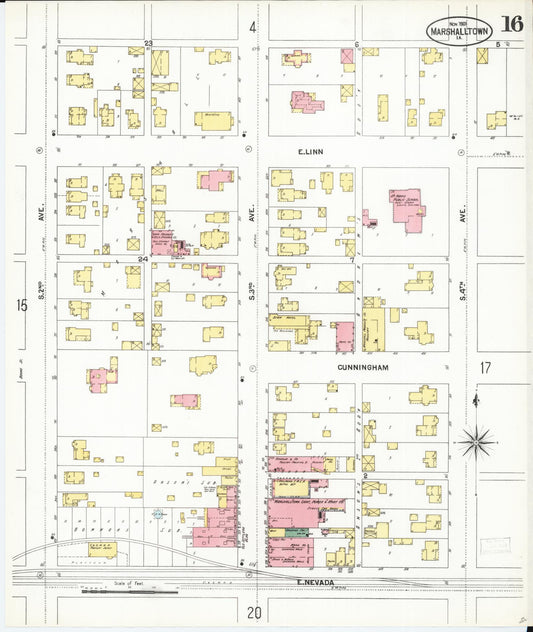 Sanborn Fire Insurance Map from Marshalltown, Marshall County, Iowa (1901), Sheet #0016 - Historic Sanborn Fire Insurance Map Print, vintage old map wall art