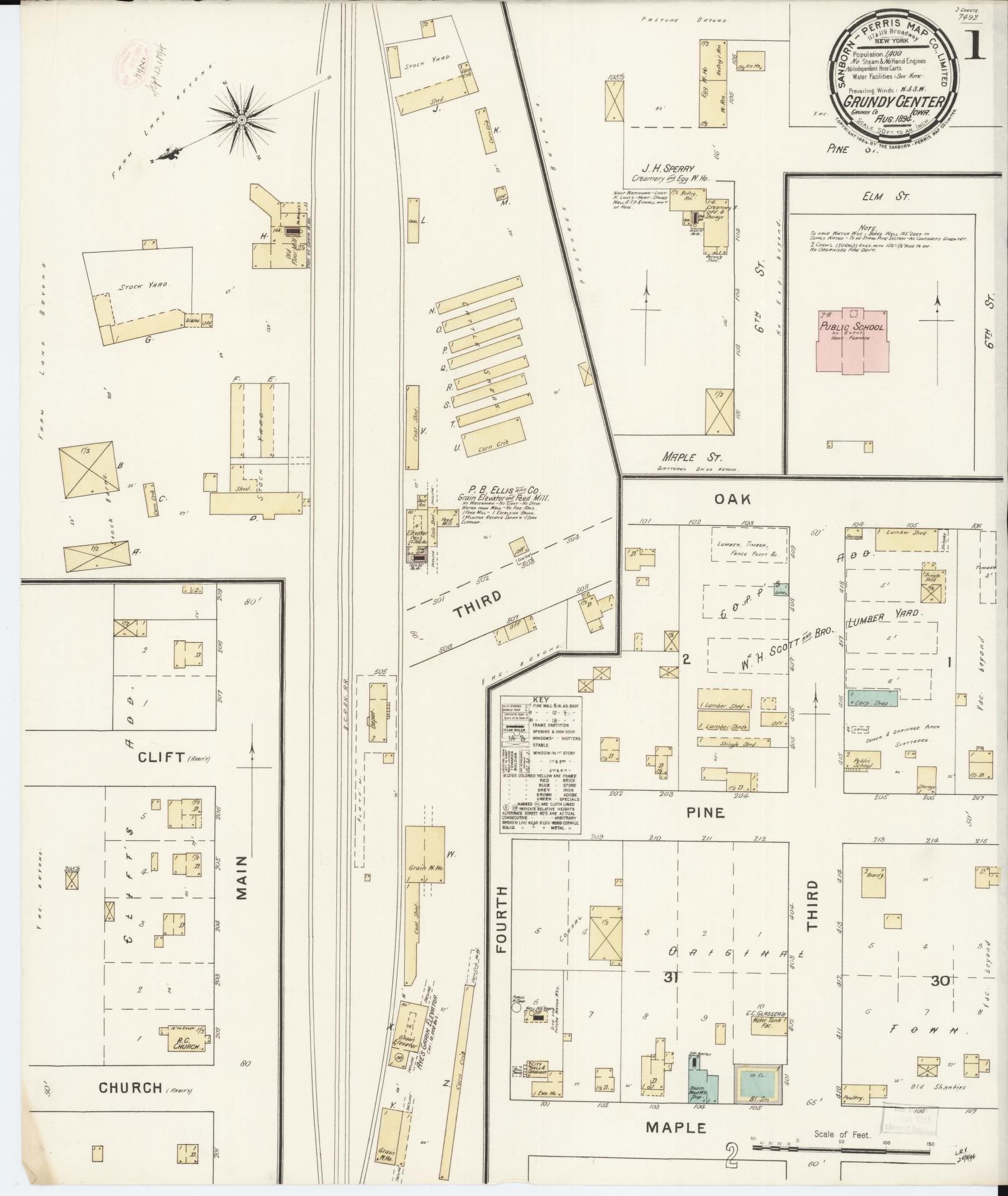 Sanborn Fire Insurance Map from Grundy Center, Grundy County, Iowa (1894), Sheet #0001 - Historic Sanborn Fire Insurance Map Print, vintage old map wall art