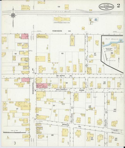 Sanborn Fire Insurance Map from Ocean Springs, Jackson County, Mississippi (1915), Sheet #0002 - Historic Sanborn Fire Insurance Map Print, vintage old map wall art, antique decor, genealogy gift, Mississippi Mississippi map