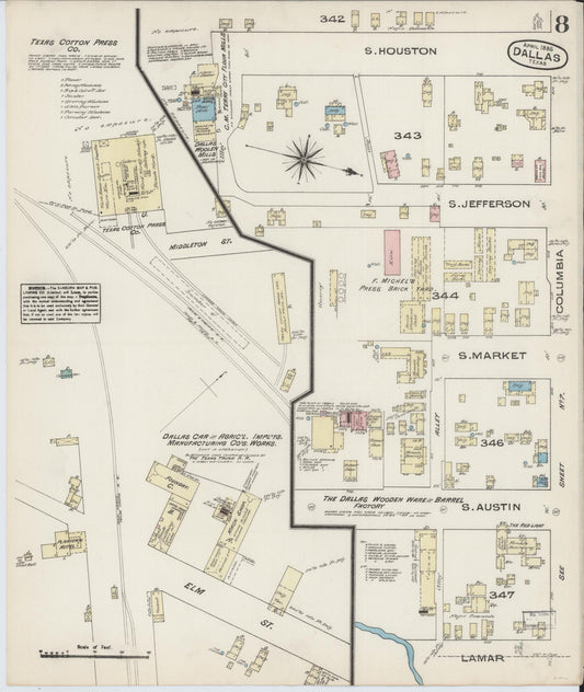 Sanborn Fire Insurance Map from Dallas, Dallas County, Texas (1885), Sheet #0008 - Historic Sanborn Fire Insurance Map Print, vintage old map wall art, antique decor, genealogy gift, Texas Texas map