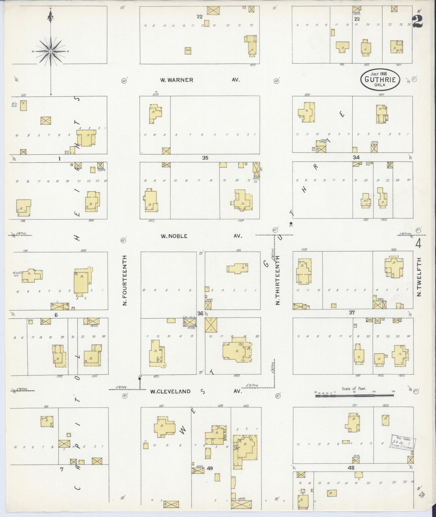 Sanborn Fire Insurance Map from Guthrie, Logan County, Oklahoma (1908), Sheet #0002 - Historic Sanborn Fire Insurance Map Print, vintage old map wall art, antique decor, genealogy gift, Oklahoma Oklahoma map