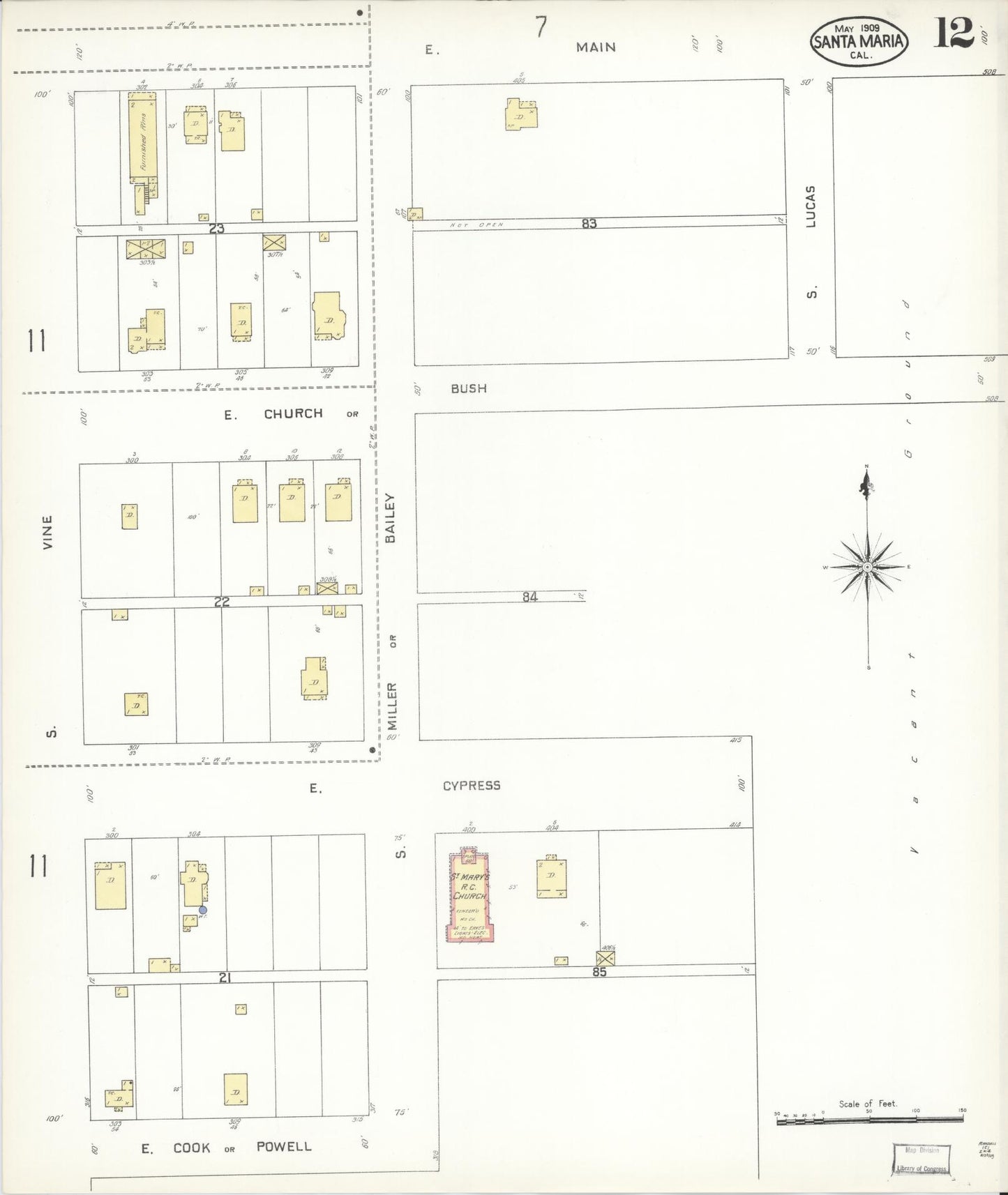Sanborn Fire Insurance Map from Santa Maria, Santa Barbara County, California (1909), Sheet #0012 - Complete Map Set gallery image, historic Sanborn map, vintage wall art, California California
