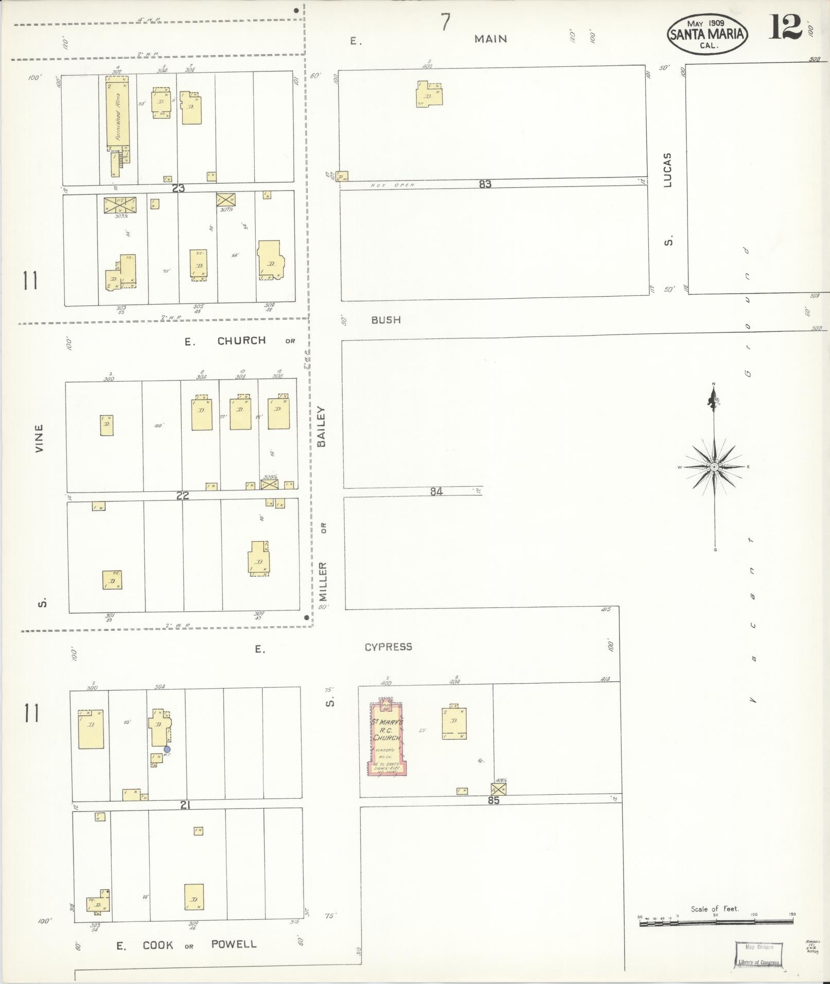 Sanborn Fire Insurance Map from Santa Maria, Santa Barbara County, California (1909), Sheet #0012 - Complete Map Set gallery image, historic Sanborn map, vintage wall art, California California