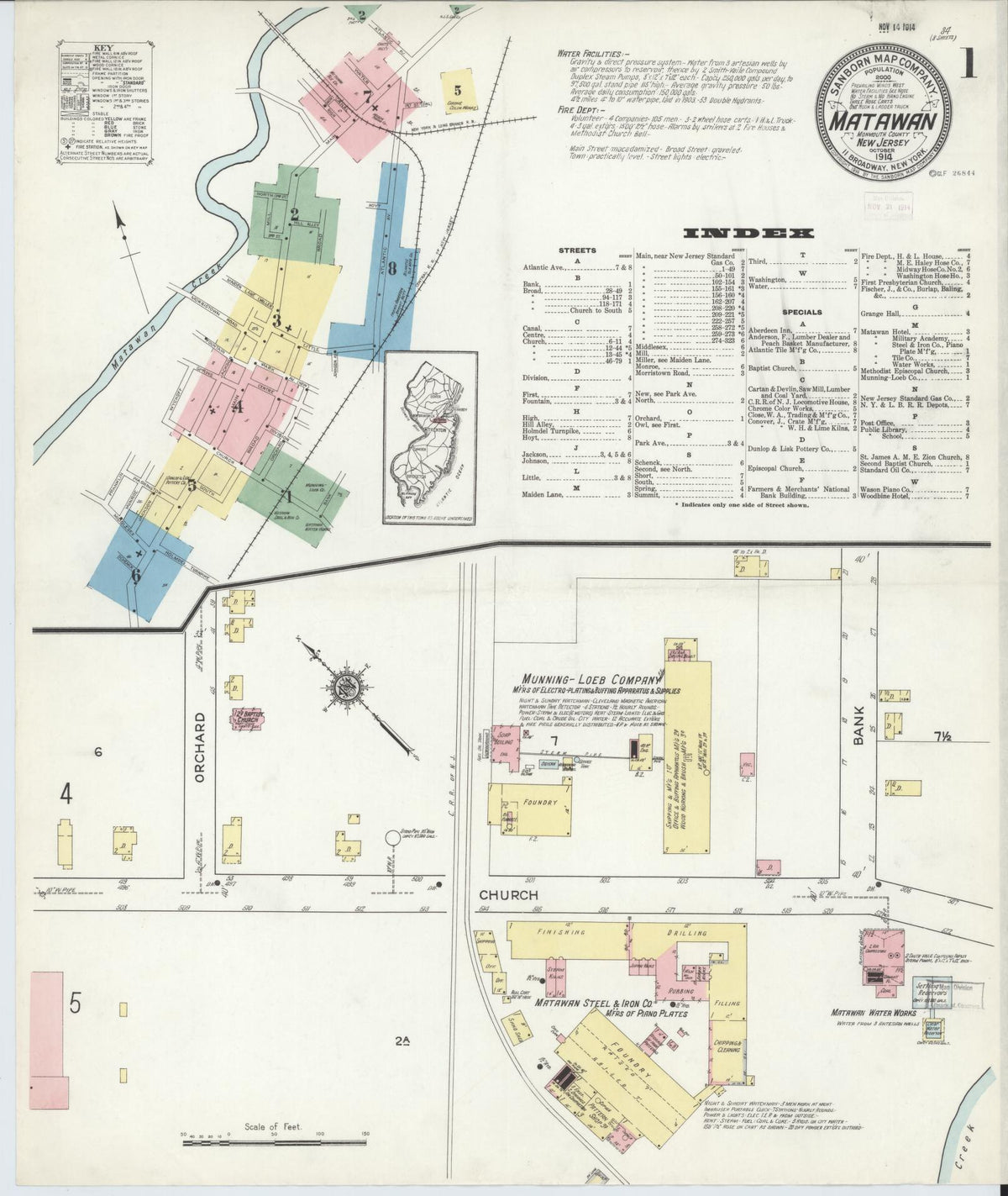 Sanborn Fire Insurance Map from Matawan, Monmouth County, New Jersey (1914), Sheet #0001 - Historic Sanborn Fire Insurance Map Print, vintage old map wall art, antique decor, genealogy gift, New Jersey New Jersey map