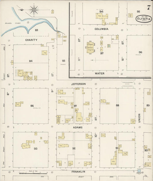Sanborn Fire Insurance Map from Olympia, Thurston County, Washington (1888), Sheet #0007 - Historic Sanborn Fire Insurance Map Print, vintage old map wall art, antique decor, genealogy gift, Washington Washington map