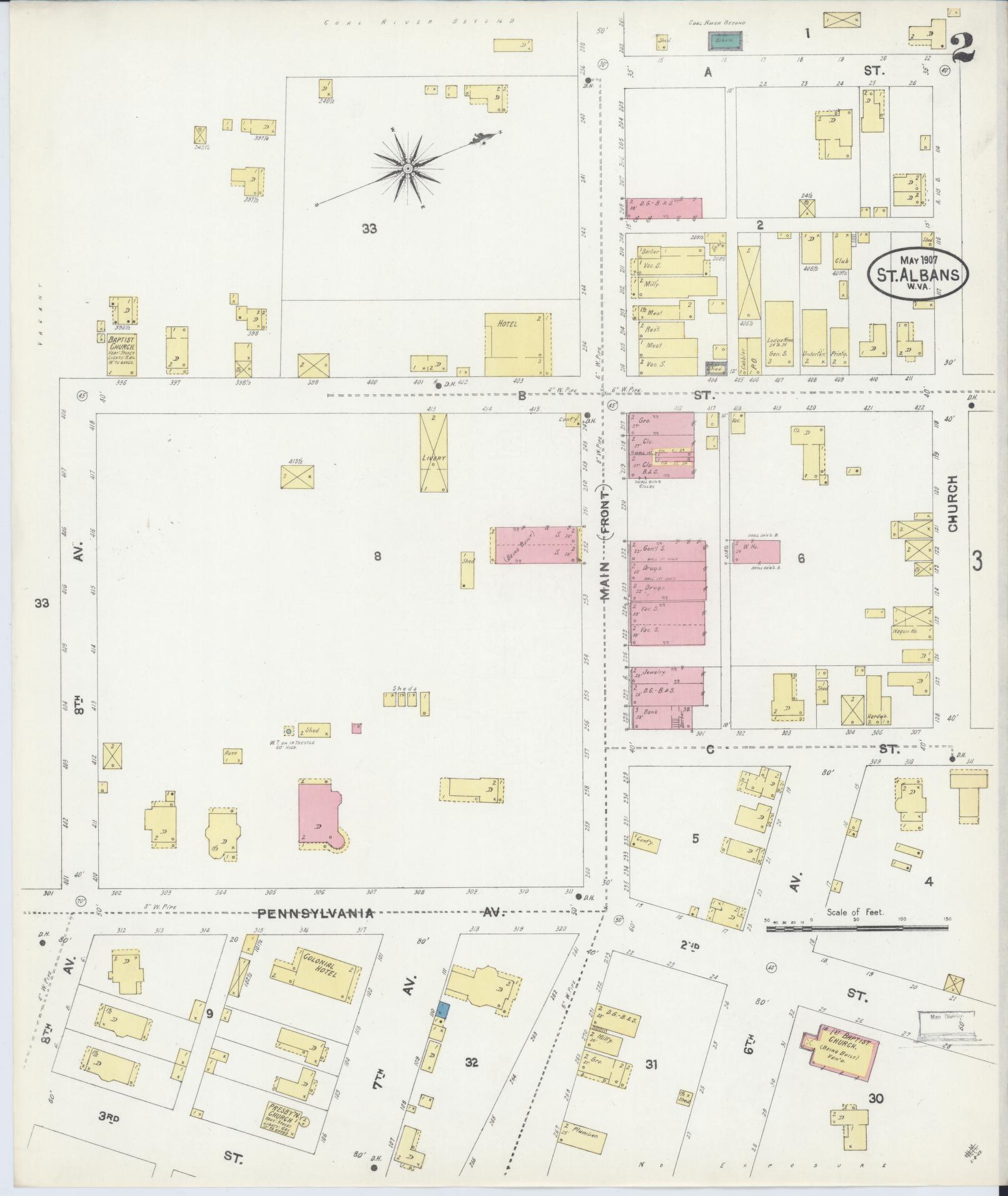 Sanborn Fire Insurance Map from Saint Albans, Kanawha County, West Virginia (1907), Sheet #0002 - Complete Map Set gallery image, historic Sanborn map, vintage wall art, West Virginia West Virginia