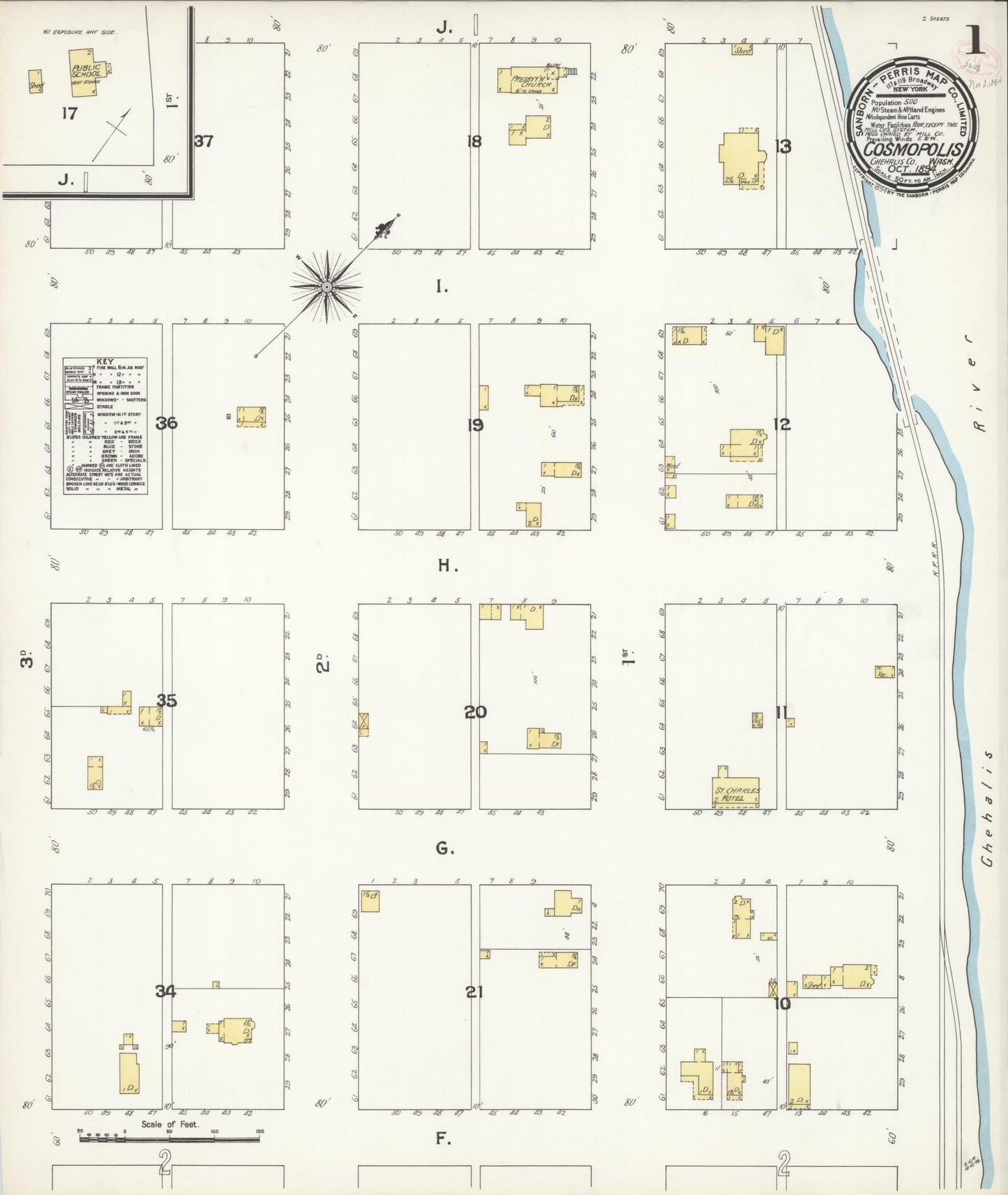 Sanborn Fire Insurance Map from Cosmopolis, Grays Harbor County, Washington (1894), Sheet #0001 - Complete Map Set gallery image, historic Sanborn map, vintage wall art, Washington Washington