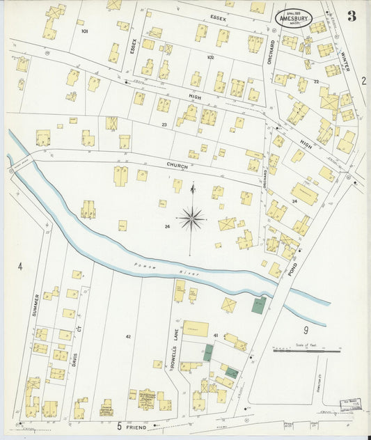 Sanborn Fire Insurance Map from Amesbury, Essex County, Massachusetts (1909), Sheet #0003 - Historic Sanborn Fire Insurance Map Print, vintage old map wall art, antique decor, genealogy gift, Massachusetts Massachusetts map
