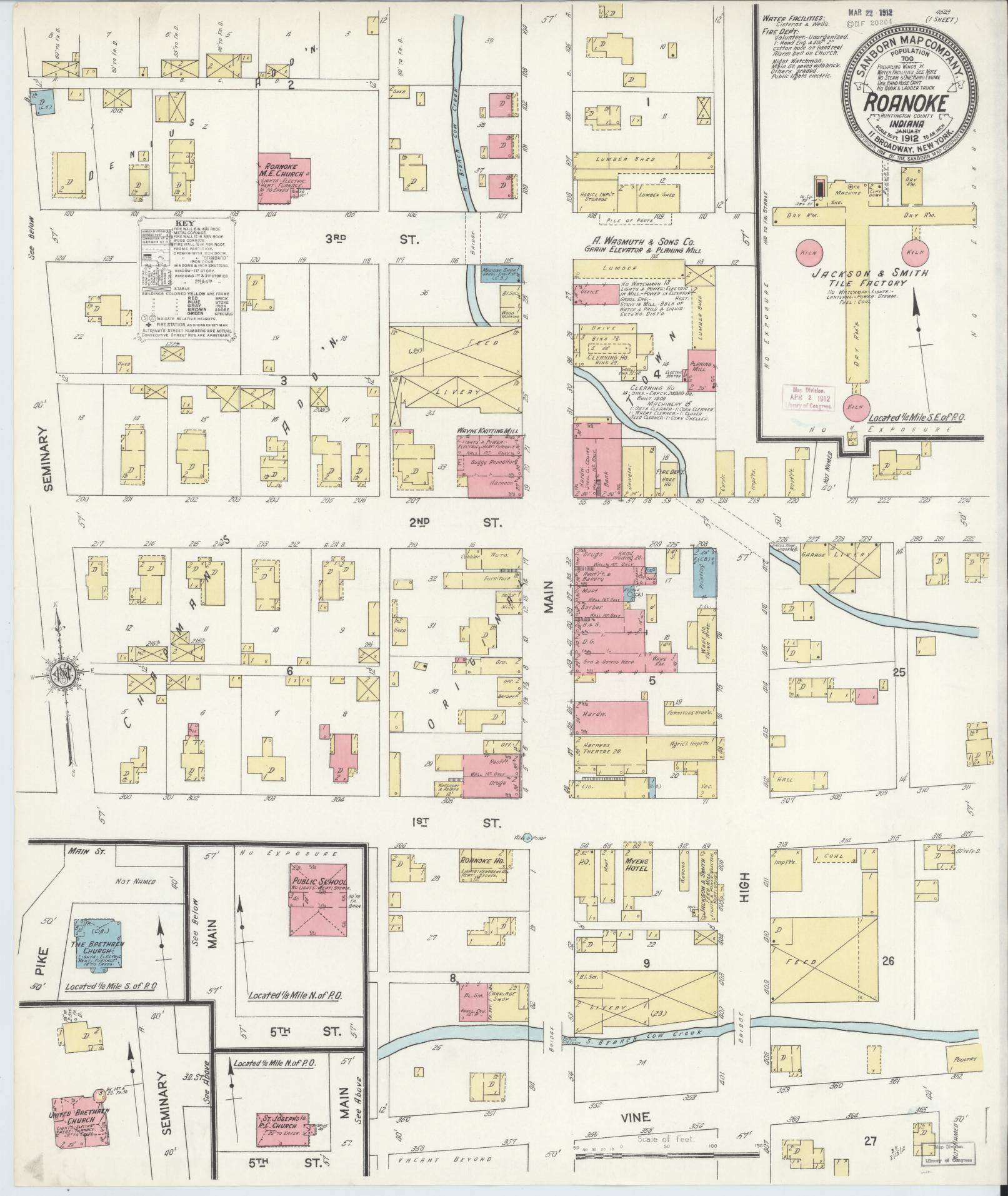 Sanborn Fire Insurance Map from Roanoke, Huntington County, Indiana (1912), Sheet #0001 - Historic Sanborn Fire Insurance Map Print, vintage old map wall art, antique decor, genealogy gift, Indiana Indiana map