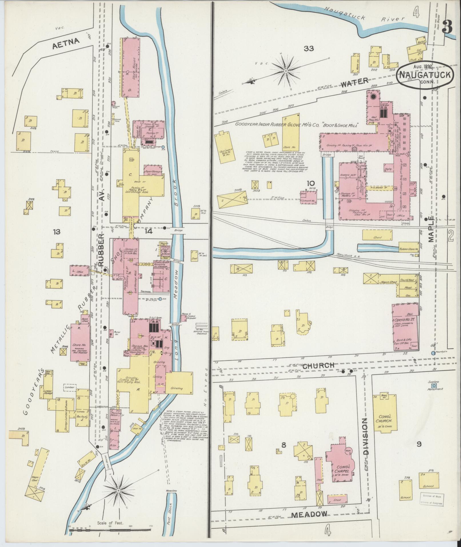 Sanborn Fire Insurance Map from Naugatuck, New Haven County, Connecticut (1892), Sheet #0003 - Complete Map Set gallery image, historic Sanborn map, vintage wall art, Connecticut Connecticut