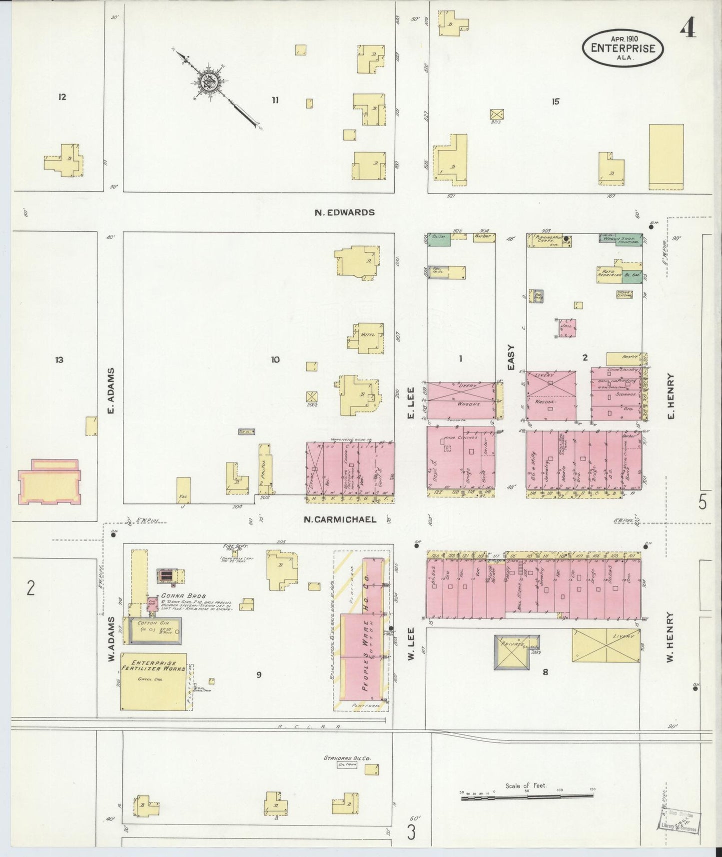 Sanborn Fire Insurance Map from Enterprise, Coffee County, Alabama (1910), Sheet #0004 - Complete Map Set gallery image, historic Sanborn map, vintage wall art, Alabama Alabama