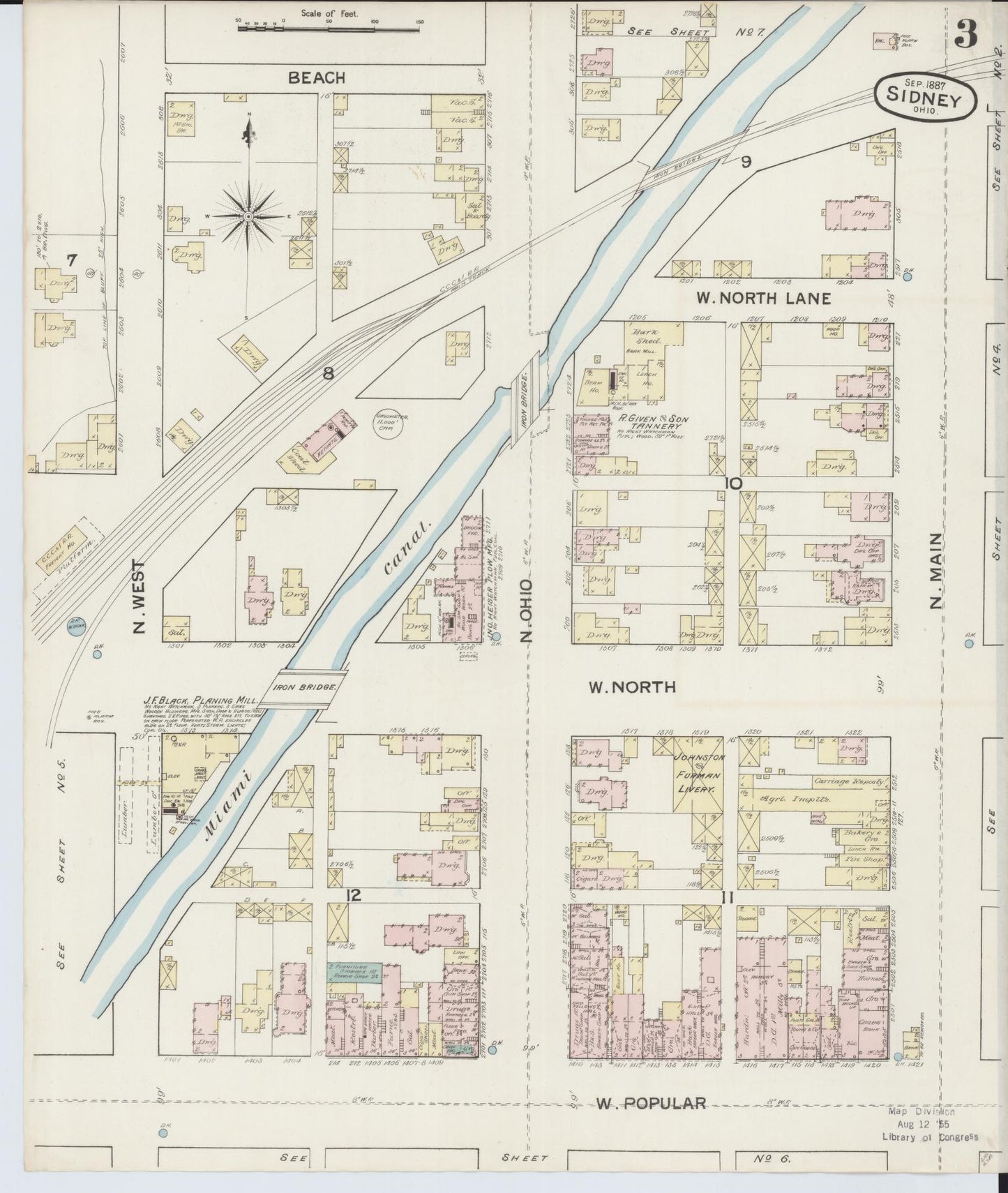 Sanborn Fire Insurance Map from Sidney, Shelby County, Ohio (1887), Sheet #0003 - Complete Map Set gallery image, historic Sanborn map, vintage wall art, Ohio Ohio