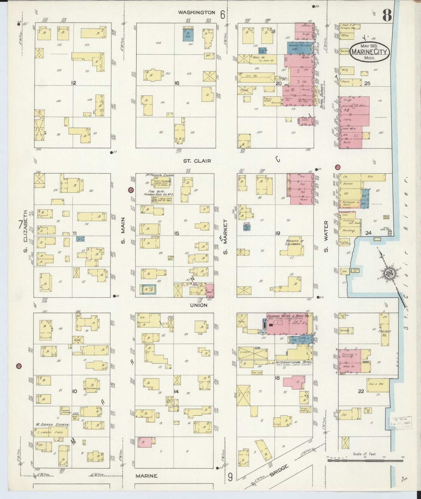 Sanborn Fire Insurance Map from Marine City, Saint Clair County, Michigan (1913), Sheet #0008 - Complete Map Set gallery image, historic Sanborn map, vintage wall art, Michigan Michigan