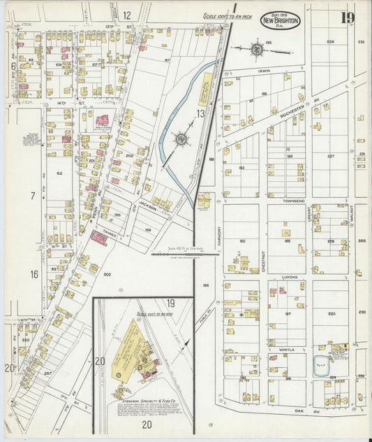 Sanborn Fire Insurance Map from New Brighton, Beaver County, Pennsylvania (1918), Sheet #0019 - Historic Sanborn Fire Insurance Map Print, vintage old map wall art, antique decor, genealogy gift, Pennsylvania Pennsylvania map