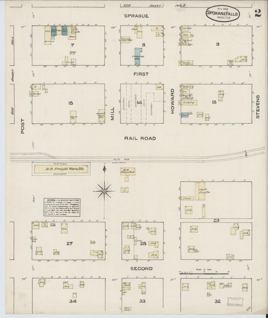 Sanborn Fire Insurance Map from Spokane, Spokane County, Washington (1884), Sheet #0002 - Historic Sanborn Fire Insurance Map Print, vintage old map wall art, antique decor, genealogy gift, Washington Washington map