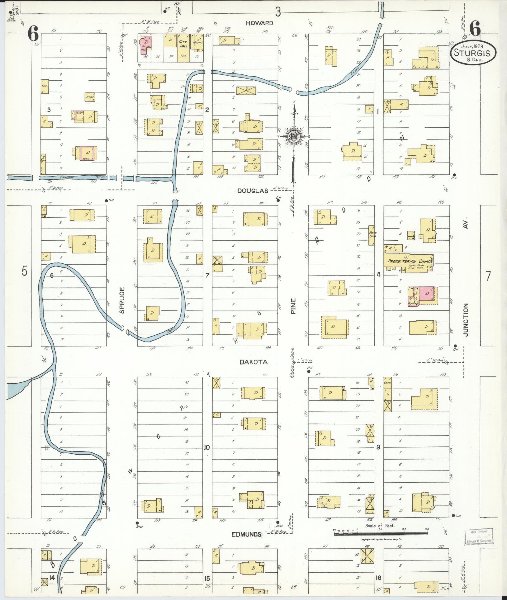 Sanborn Fire Insurance Map from Sturgis, Meade County, South Dakota (1923), Sheet #0006 - Historic Sanborn Fire Insurance Map Print, vintage old map wall art, antique decor, genealogy gift, South Dakota South Dakota map
