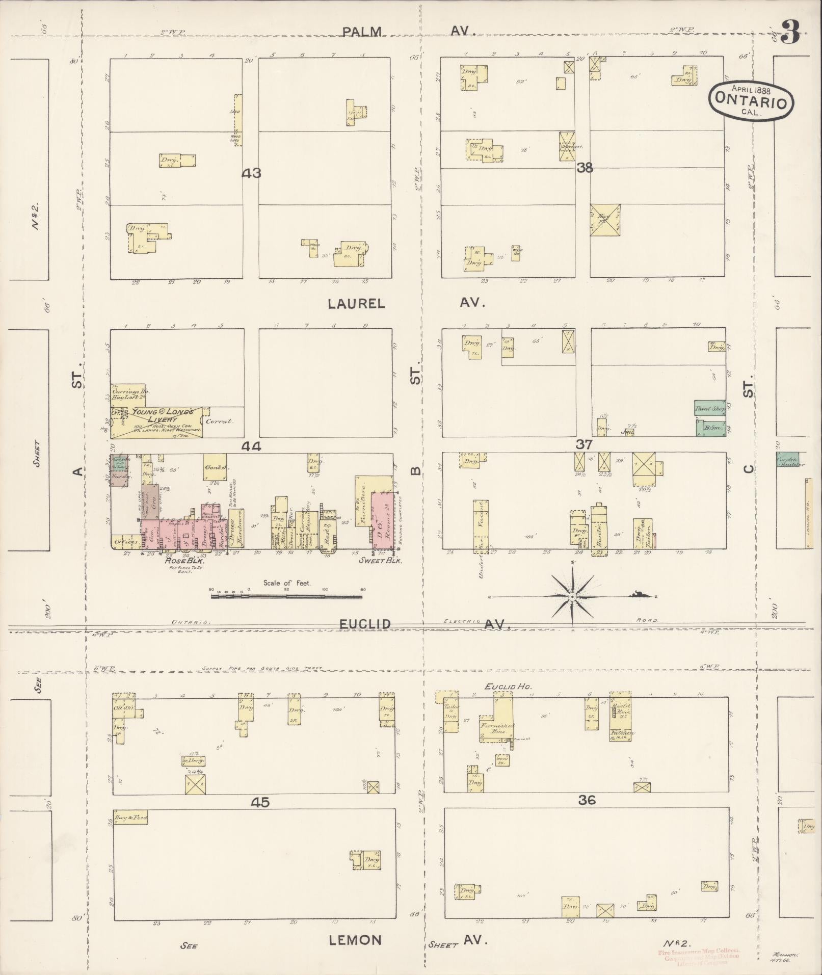 Sanborn Fire Insurance Map from Ontario, San Bernardino County, California (1888), Sheet #0003 - Historic Sanborn Fire Insurance Map Print, vintage old map wall art, antique decor, genealogy gift, California California map