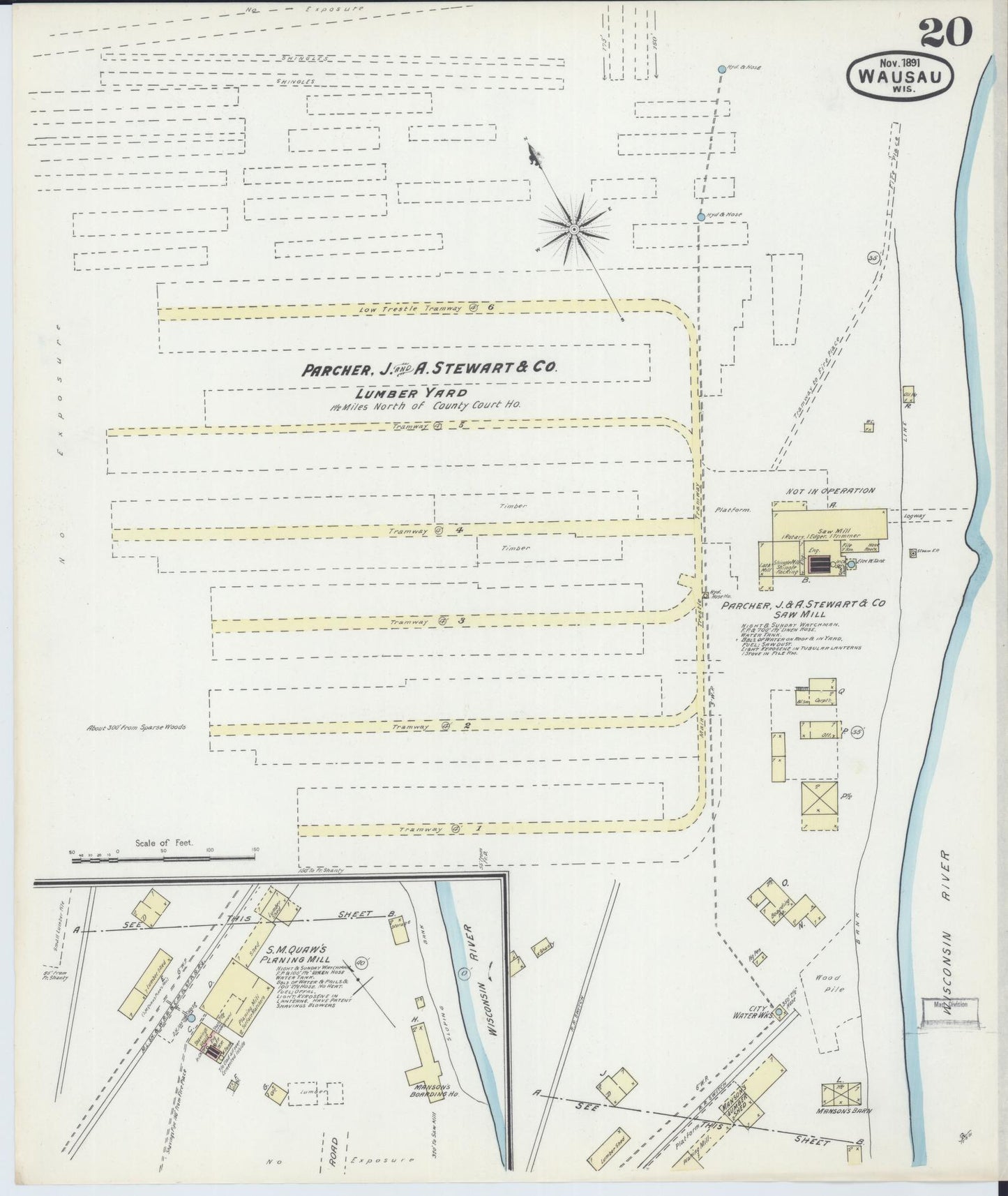 Sanborn Fire Insurance Map from Wausau, Marathon County, Wisconsin (1891), Sheet #0020 - Complete Map Set gallery image, historic Sanborn map, vintage wall art, Wisconsin Wisconsin