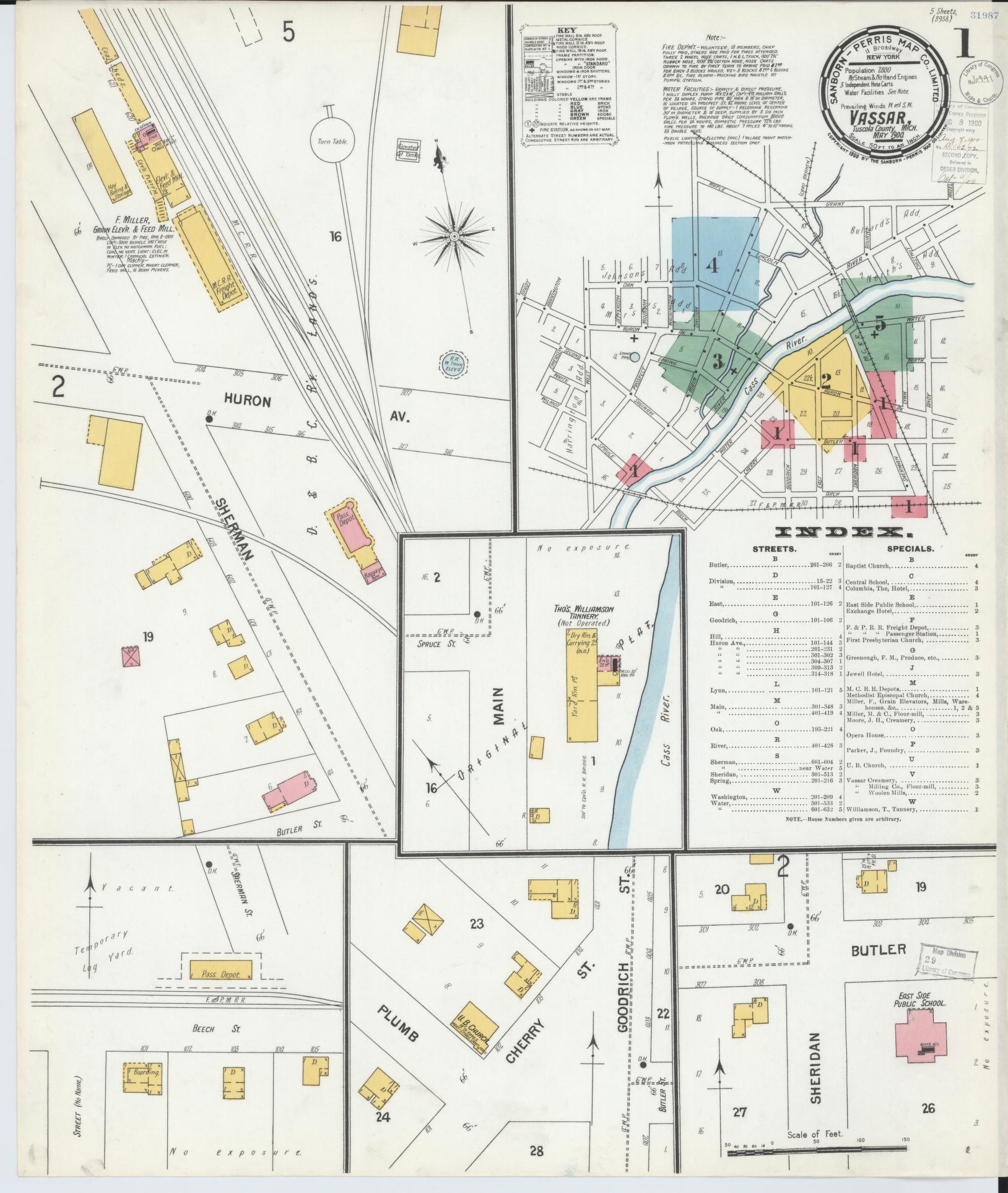 Sanborn Fire Insurance Map from Vassar, Tuscola County, Michigan (1900), Sheet #0001 - Complete Map Set gallery image, historic Sanborn map, vintage wall art, Michigan Michigan