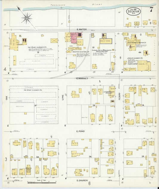 Sanborn Fire Insurance Map from Decatur, Morgan County, Alabama (1908), Sheet #0007 - Historic Sanborn Fire Insurance Map Print, vintage old map wall art, antique decor, genealogy gift, Alabama Alabama map