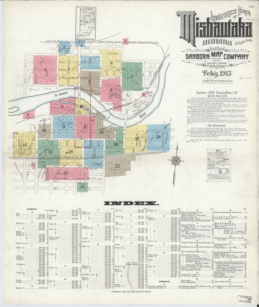 Sanborn Fire Insurance Map from Mishawaka, Saint Joseph County, Indiana (1913), Sheet #0001 - Historic Sanborn Fire Insurance Map Print, vintage old map wall art, antique decor, genealogy gift, Indiana Indiana map