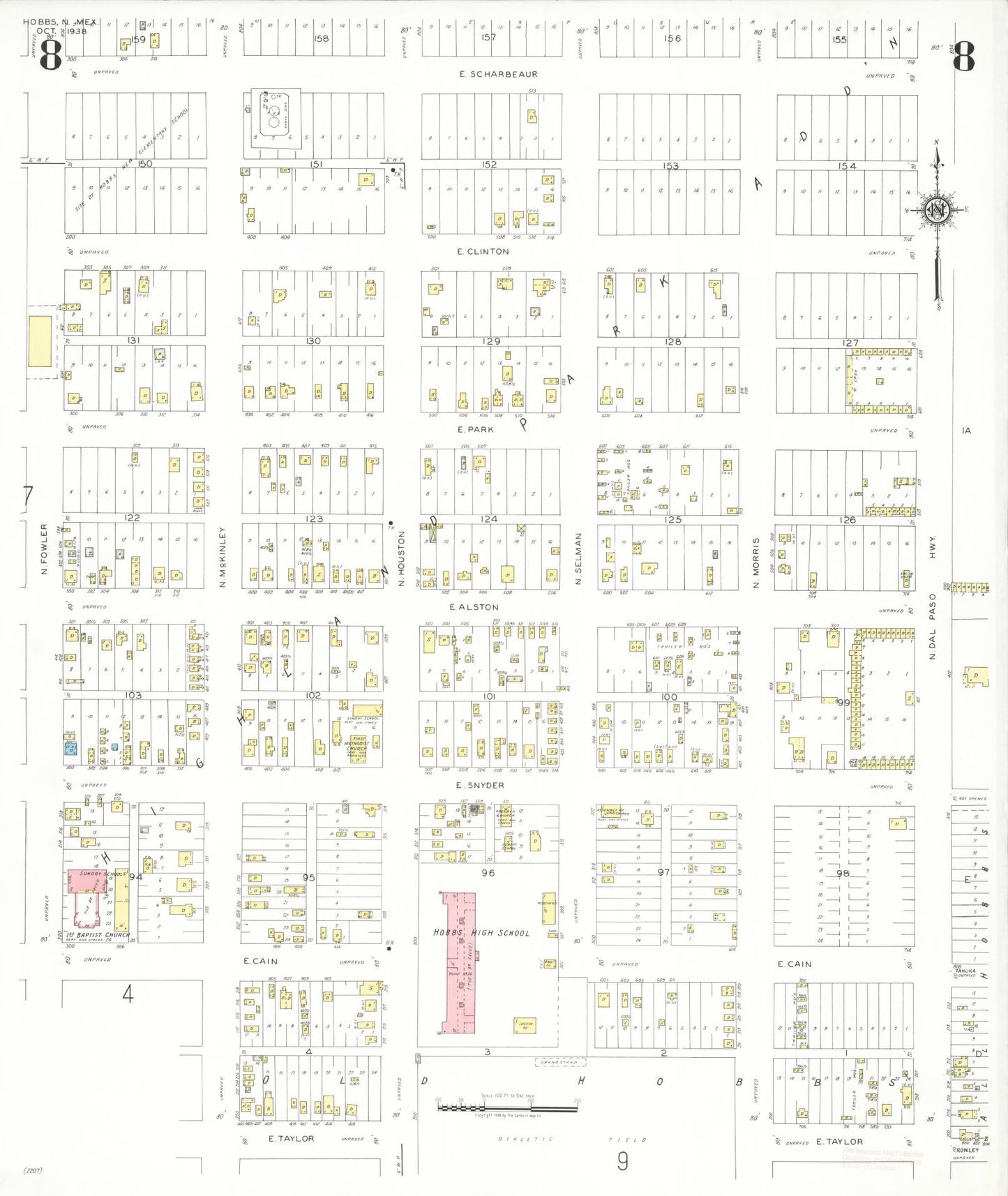 Sanborn Fire Insurance Map from Hobbs, Lea County, New Mexico (1938), Sheet #0008 - Complete Map Set gallery image, historic Sanborn map, vintage wall art, New Mexico New Mexico