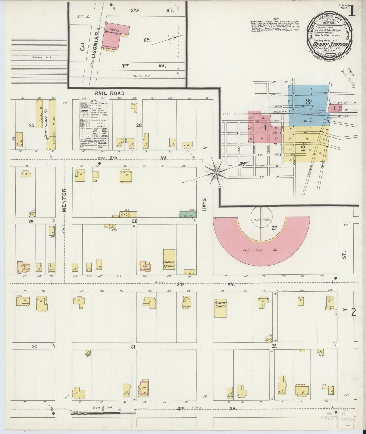 Sanborn Fire Insurance Map from Derry, Westmoreland County, Pennsylvania (1897), Sheet #0001 - Historic Sanborn Fire Insurance Map Print, vintage old map wall art, antique decor, genealogy gift, Pennsylvania Pennsylvania map