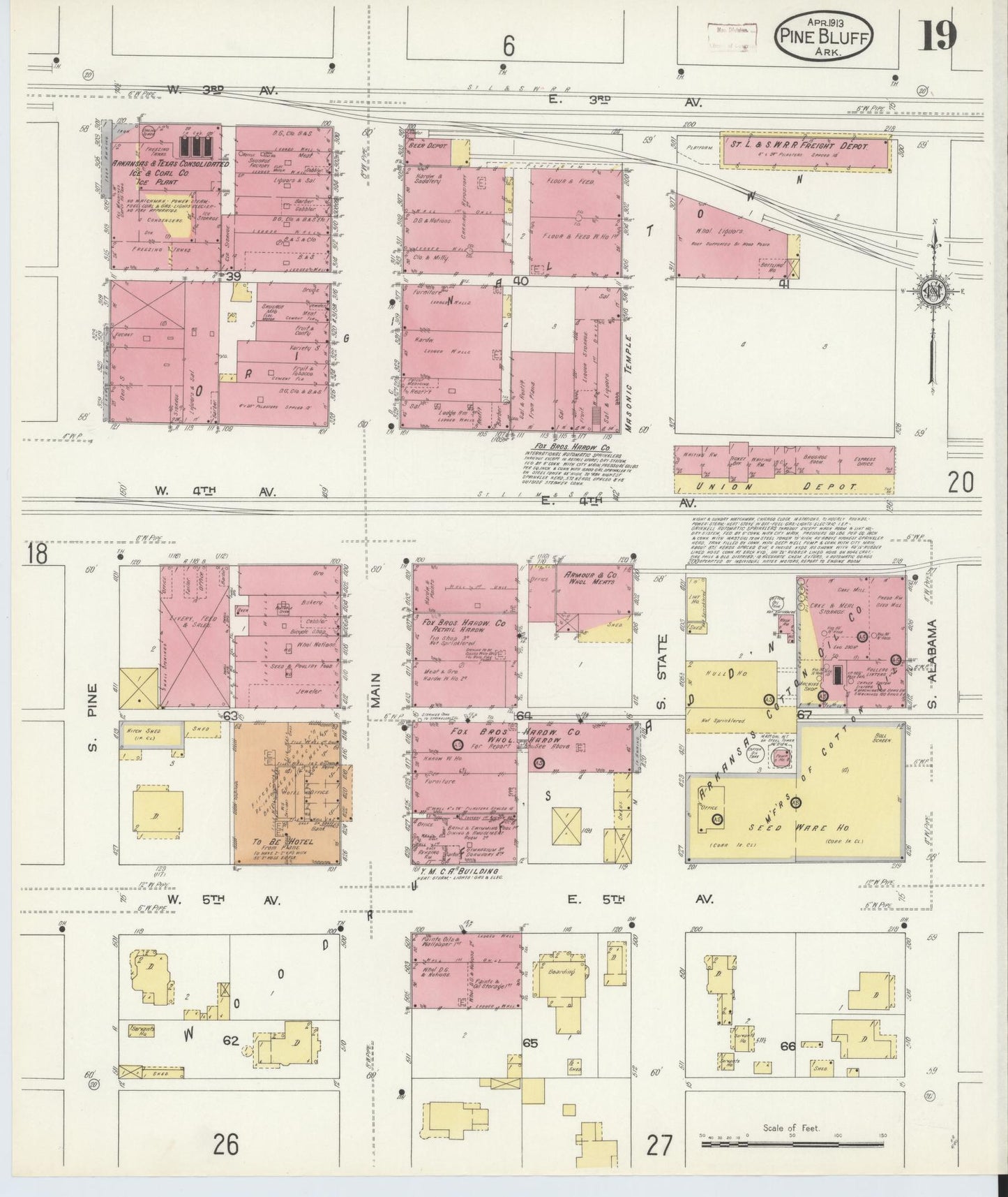 Sanborn Fire Insurance Map from Pine Bluff, Jefferson County, Arkansas (1913), Sheet #0019 - Historic Sanborn Fire Insurance Map Print, vintage old map wall art, antique decor, genealogy gift, Arkansas Arkansas map