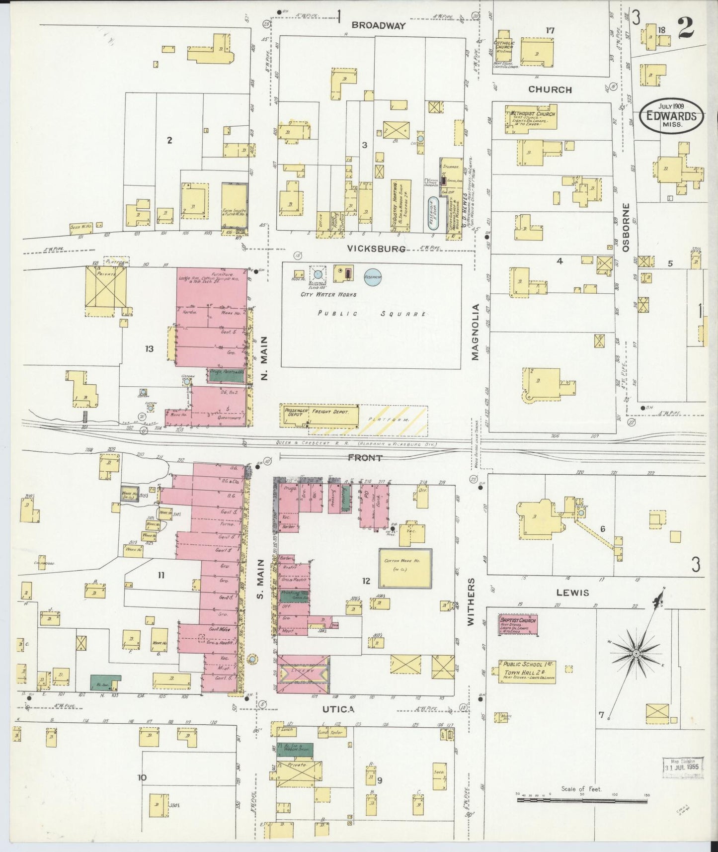 Sanborn Fire Insurance Map from Edwards, Hinds County, Mississippi (1909), Sheet #0002 - Historic Sanborn Fire Insurance Map Print, vintage old map wall art, antique decor, genealogy gift, Mississippi Mississippi map