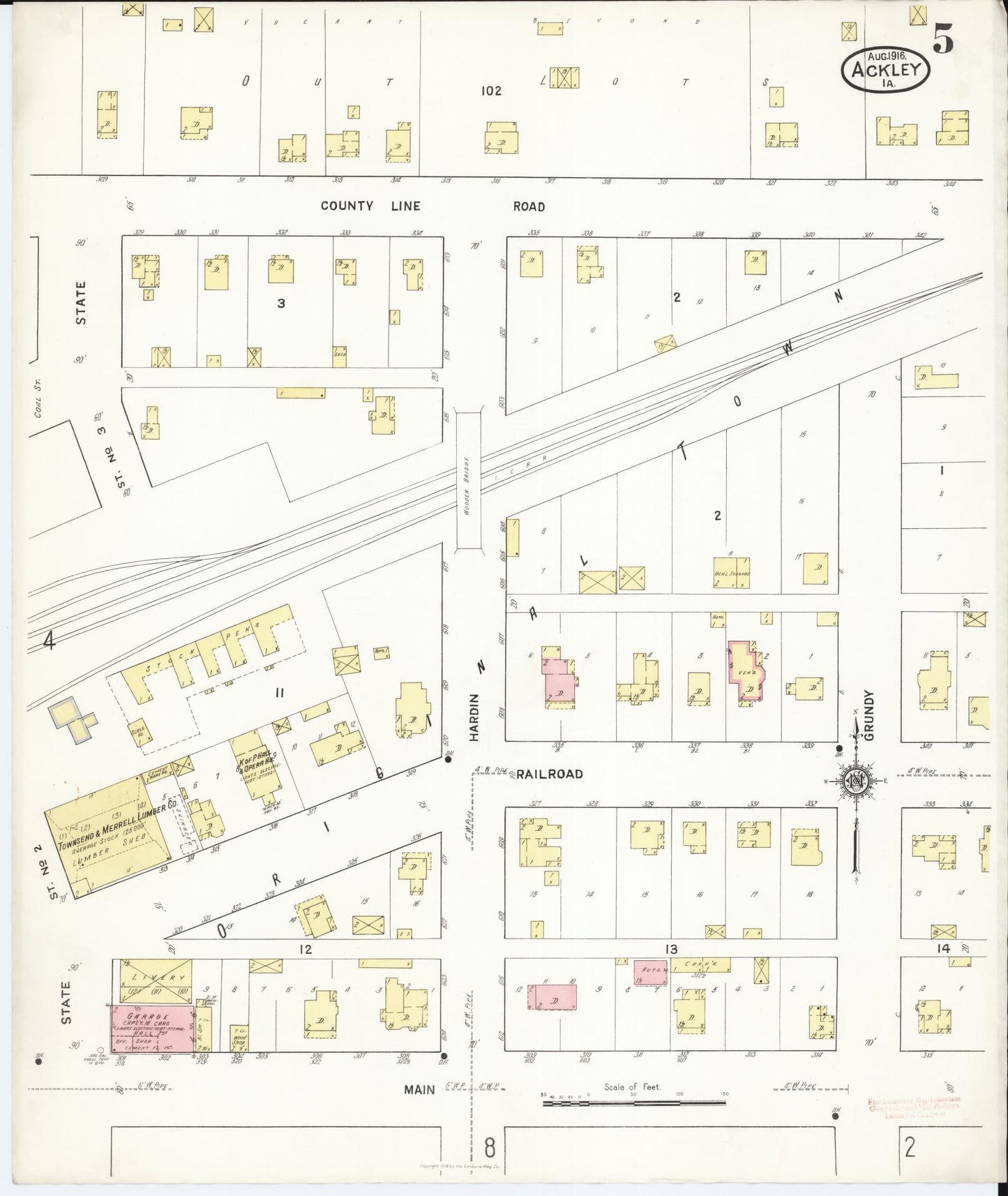 Sanborn Fire Insurance Map from Ackley, Hardin and Franklin Counties, Iowa (1916), Sheet #0005 - Historic Sanborn Fire Insurance Map Print, vintage old map wall art
