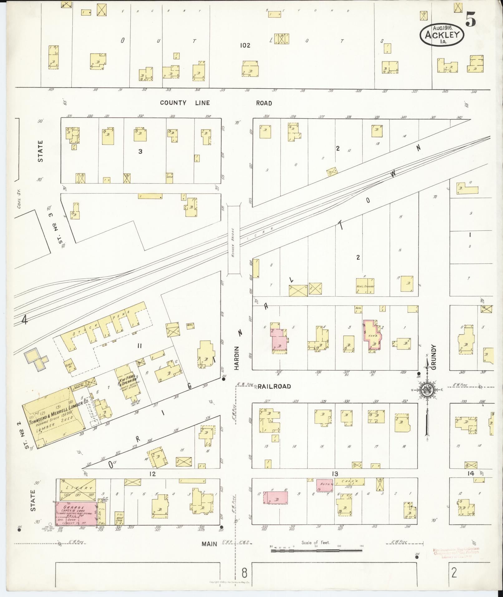 Sanborn Fire Insurance Map from Ackley, Hardin and Franklin Counties, Iowa (1916), Sheet #0005 - Historic Sanborn Fire Insurance Map Print, vintage old map wall art