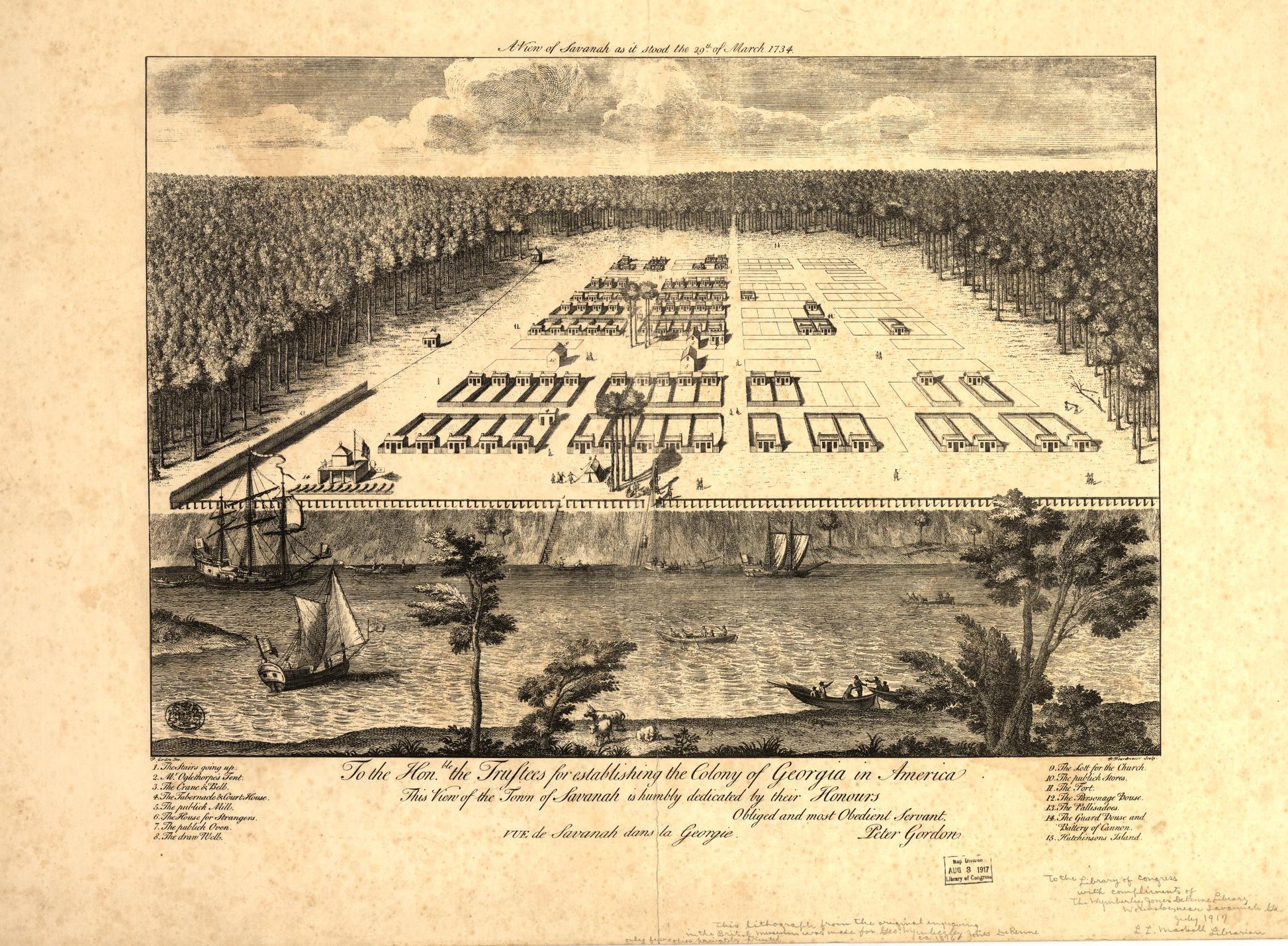 A view of Savannah as it stood the 29th of March 1734. (Unknown) – Historic Bird’s-Eye View Panorama Print
