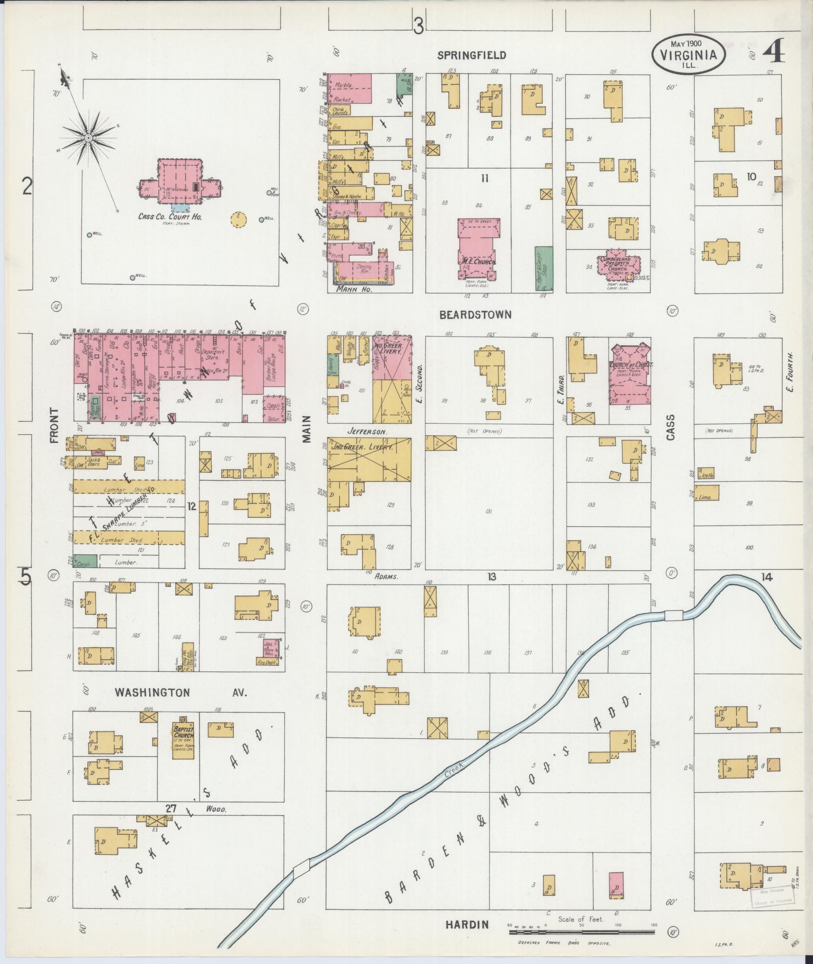 Sanborn Fire Insurance Map from Virginia, Cass County, Illinois (1900), Sheet #0004 - Historic Sanborn Fire Insurance Map Print, vintage old map wall art, antique decor, genealogy gift, Virginia Virginia map