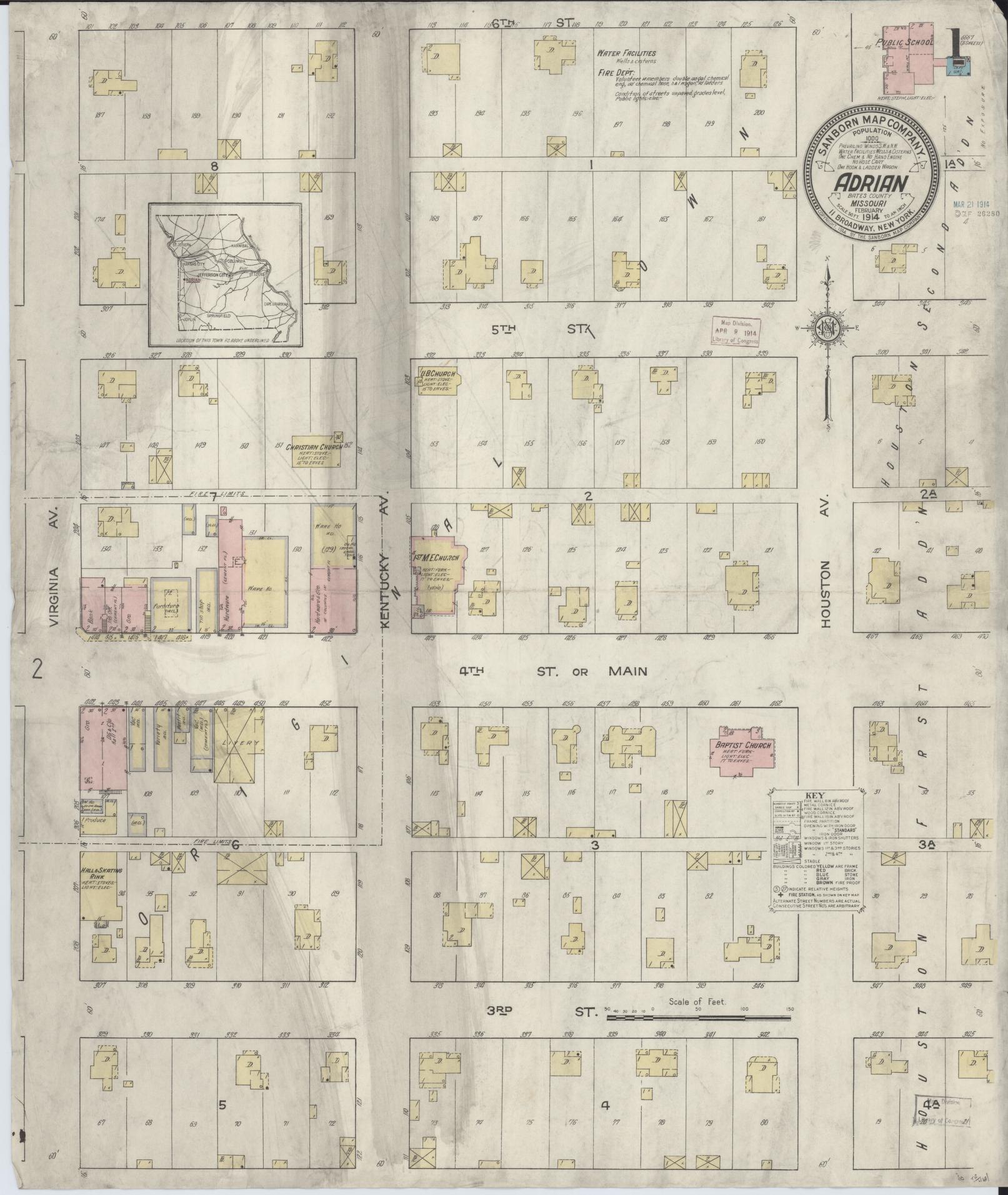 Sanborn Fire Insurance Map from Adrian, Bates County, Missouri (1914), Sheet #0001 - Historic Sanborn Fire Insurance Map Print, vintage old map wall art, antique decor, genealogy gift, Missouri Missouri map