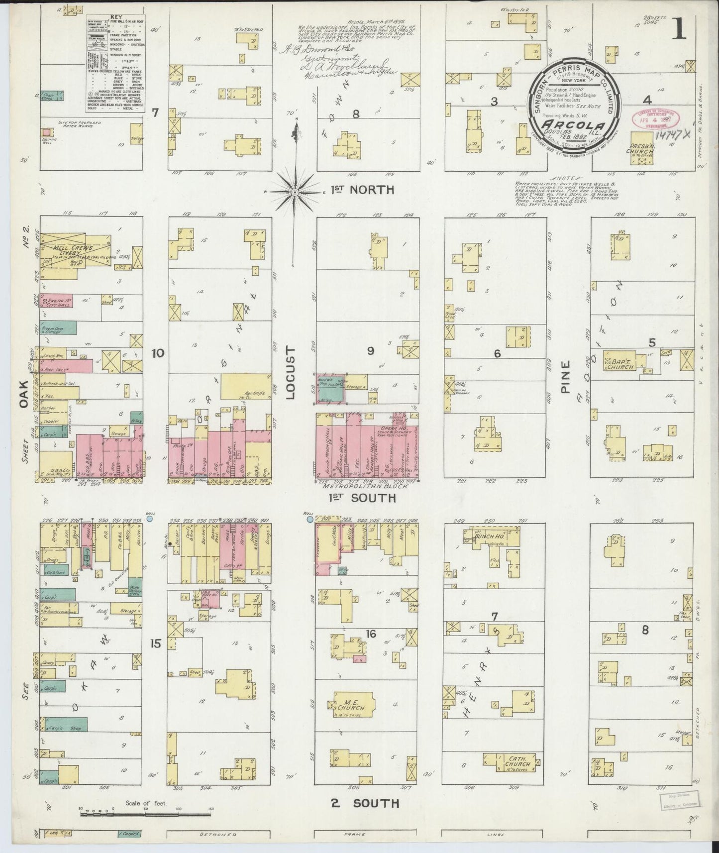 Sanborn Fire Insurance Map from Arcola, Douglas County, Illinois (1892), Sheet #0001 - Historic Sanborn Fire Insurance Map Print, vintage old map wall art, antique decor, genealogy gift, Illinois Illinois map