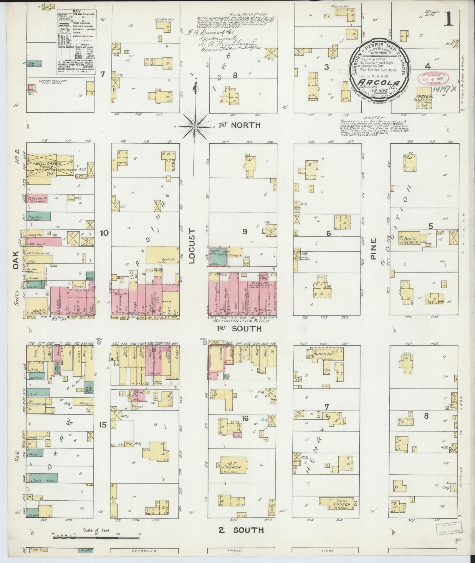 Sanborn Fire Insurance Map from Arcola, Douglas County, Illinois (1892), Sheet #0001 - Historic Sanborn Fire Insurance Map Print, vintage old map wall art, antique decor, genealogy gift, Illinois Illinois map