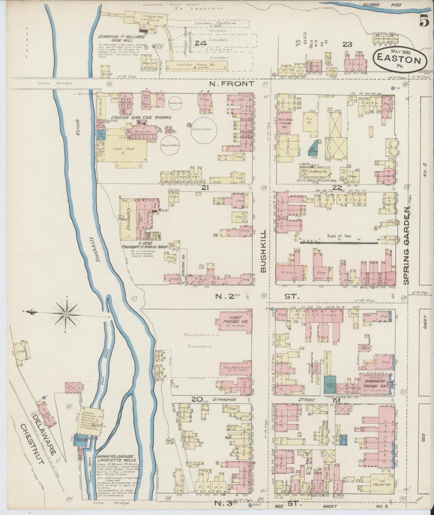 Sanborn Fire Insurance Map from Easton, Northampton County, Pennsylvania (1885), Sheet #0005 - Historic Sanborn Fire Insurance Map Print, vintage old map wall art, antique decor, genealogy gift, Pennsylvania Pennsylvania map