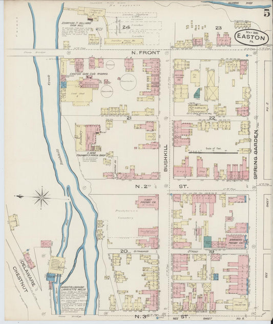 Sanborn Fire Insurance Map from Easton, Northampton County, Pennsylvania (1885), Sheet #0005 - Historic Sanborn Fire Insurance Map Print, vintage old map wall art, antique decor, genealogy gift, Pennsylvania Pennsylvania map