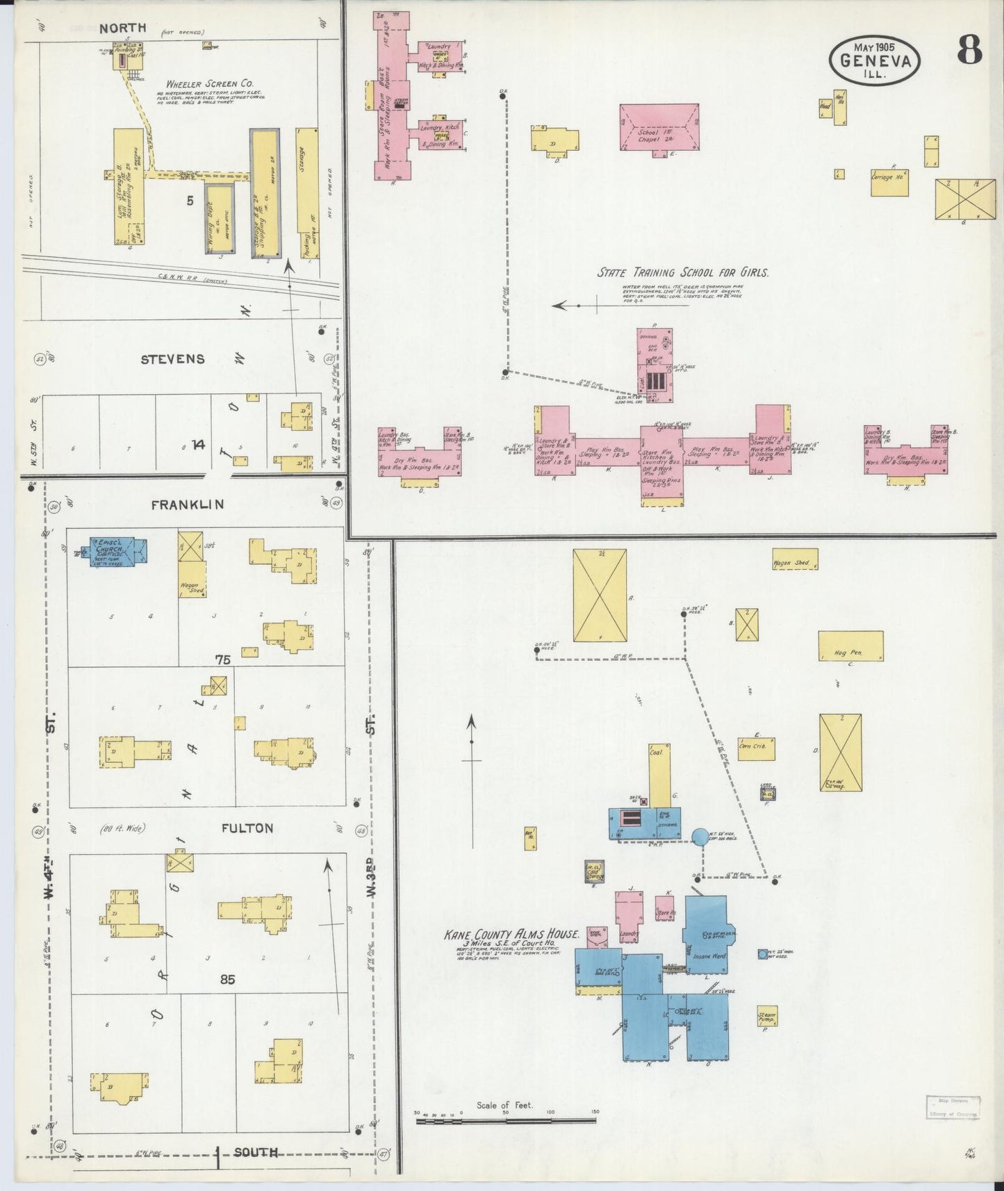 Sanborn Fire Insurance Map from Geneva, Kane County, Illinois (1905), Sheet #0008 - Historic Sanborn Fire Insurance Map Print, vintage old map wall art, antique decor, genealogy gift, Illinois Illinois map