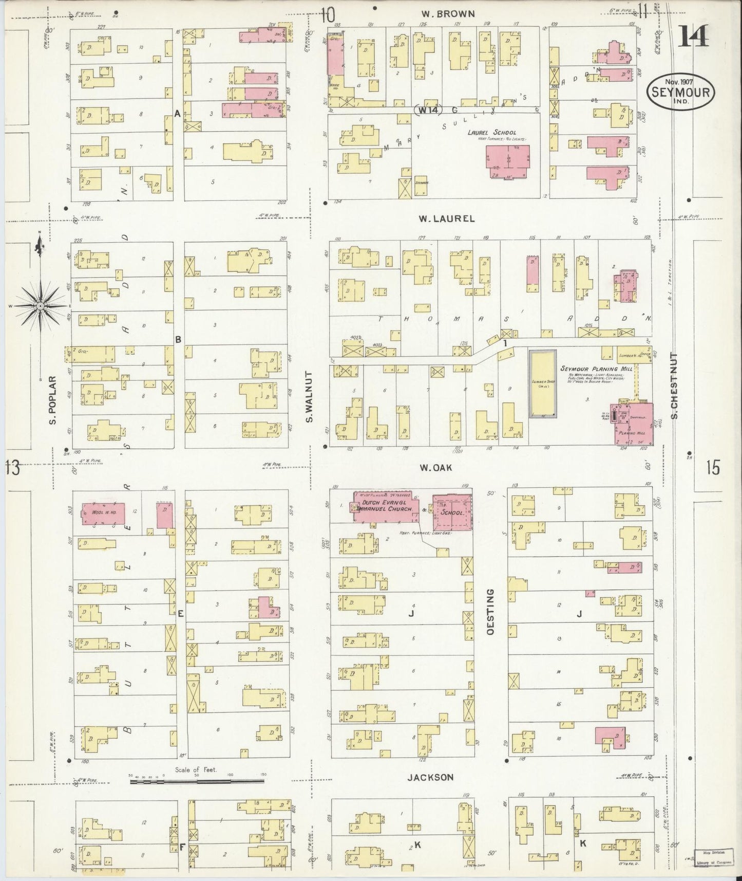 Sanborn Fire Insurance Map from Seymour, Jackson County, Indiana (1907), Sheet #0014 - Complete Map Set gallery image, historic Sanborn map, vintage wall art, Indiana Indiana