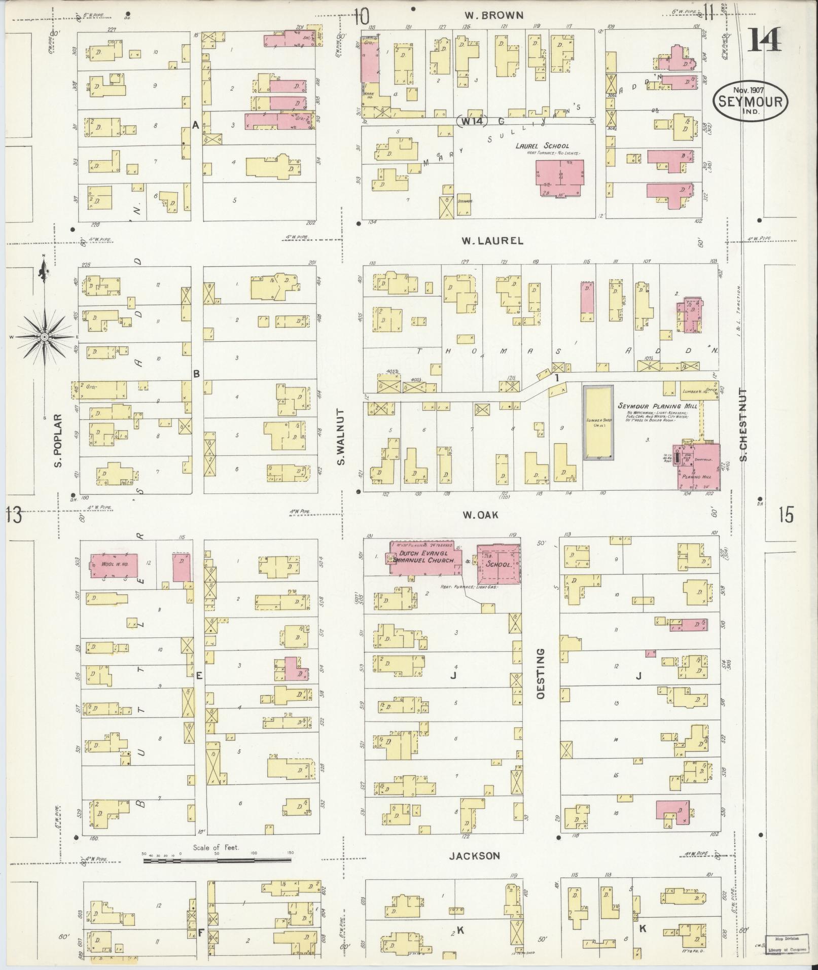 Sanborn Fire Insurance Map from Seymour, Jackson County, Indiana (1907), Sheet #0014 - Complete Map Set gallery image, historic Sanborn map, vintage wall art, Indiana Indiana