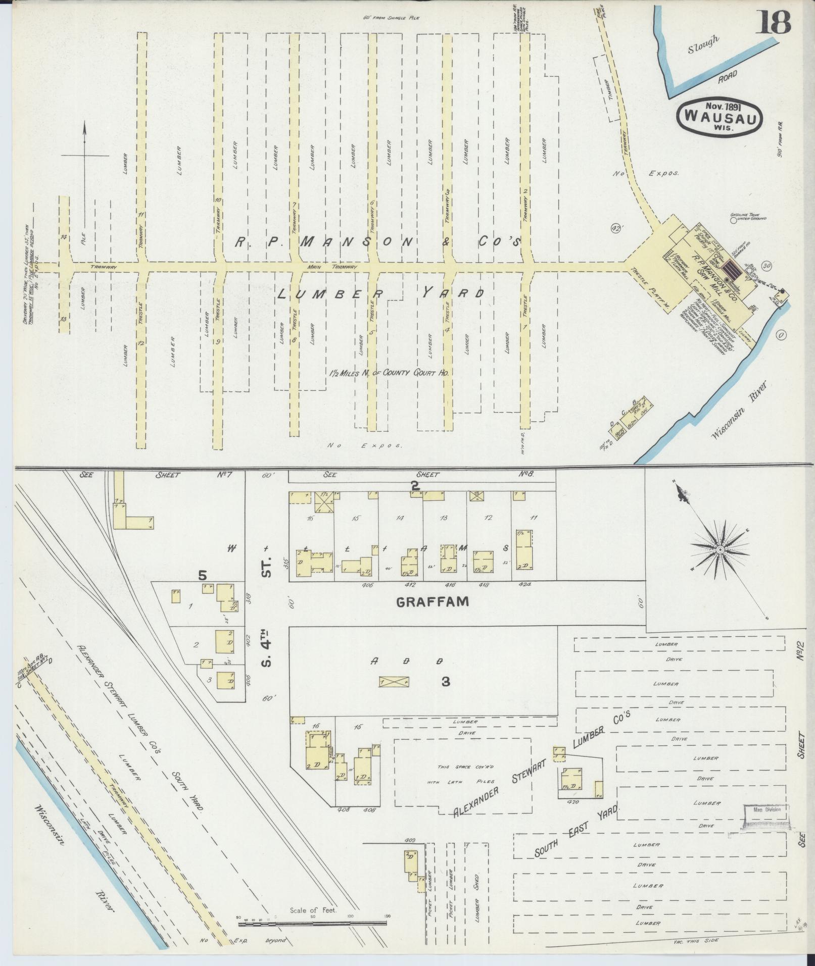 Sanborn Fire Insurance Map from Wausau, Marathon County, Wisconsin (1891), Sheet #0018 - Historic Sanborn Fire Insurance Map Print, vintage old map wall art, antique decor, genealogy gift, Wisconsin Wisconsin map