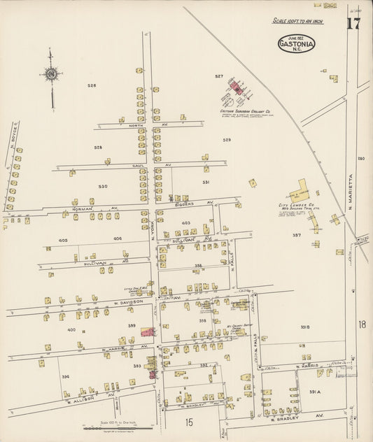 Sanborn Fire Insurance Map from Gastonia, Gaston County, North Carolina (1922), Sheet #0017 - Historic Sanborn Fire Insurance Map Print, vintage old map wall art, antique decor, genealogy gift, North Carolina North Carolina map