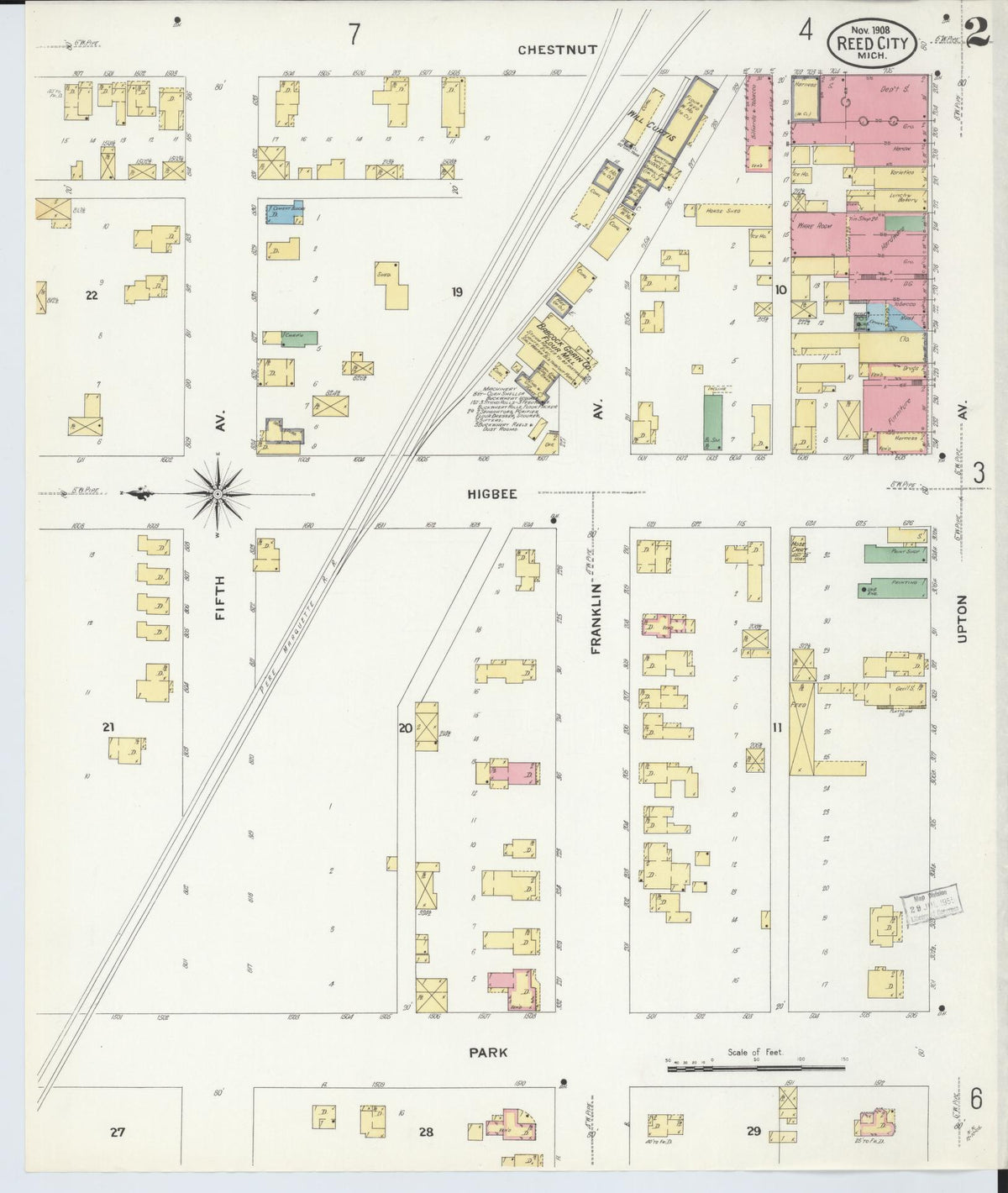Sanborn Fire Insurance Map from Reed City, Osceola County, Michigan (1908), Sheet #0002 - Historic Sanborn Fire Insurance Map Print, vintage old map wall art, antique decor, genealogy gift, Michigan Michigan map