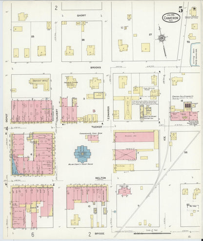 Sanborn Fire Insurance Map from Cameron, Milam County, Texas (1912), Sheet #0005 - Historic Sanborn Fire Insurance Map Print, vintage old map wall art, antique decor, genealogy gift, Texas Texas map