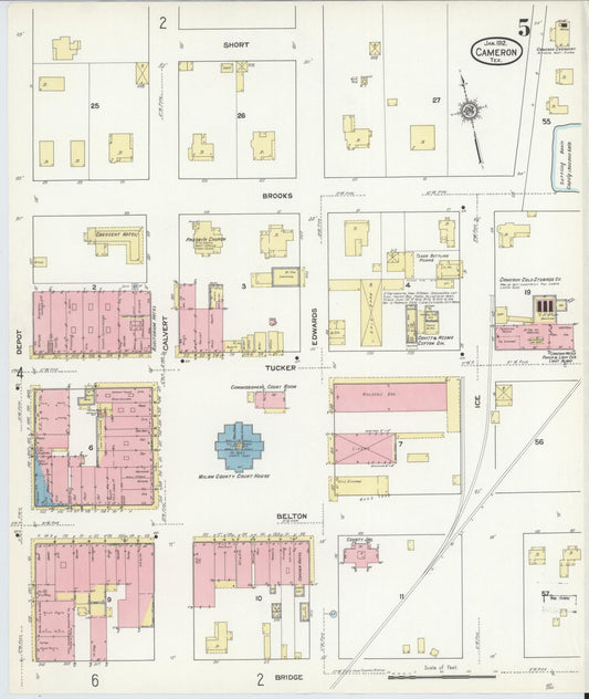 Sanborn Fire Insurance Map from Cameron, Milam County, Texas (1912), Sheet #0005 - Historic Sanborn Fire Insurance Map Print, vintage old map wall art, antique decor, genealogy gift, Texas Texas map