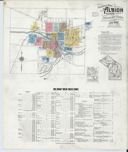 Sanborn Fire Insurance Map from Albion, Calhoun County, Michigan (1918), Sheet #0001 - Historic Sanborn Fire Insurance Map Print, vintage old map wall art, antique decor, genealogy gift, Michigan Michigan map