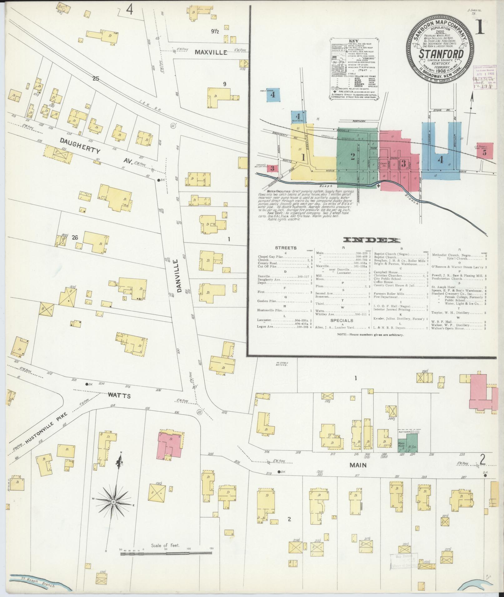 Sanborn Fire Insurance Map from Stanford, Lincoln County, Kentucky (1908), Sheet #0001 - Complete Map Set gallery image, historic Sanborn map, vintage wall art, Kentucky Kentucky