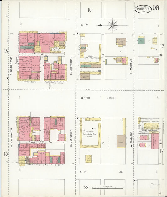 Sanborn Fire Insurance Map from Phoenix, Maricopa County, Arizona (1901), Sheet #0016 - Historic Sanborn Fire Insurance Map Print, vintage old map wall art, antique decor, genealogy gift, Arizona Arizona map