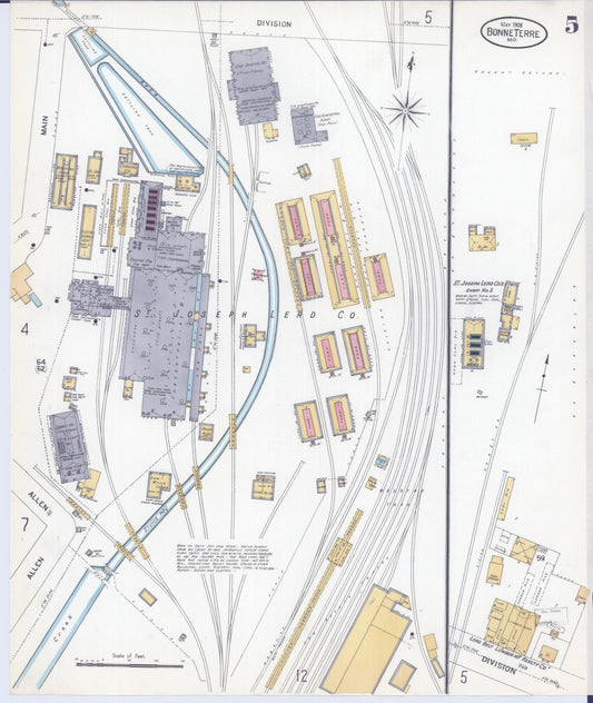 Sanborn Fire Insurance Map from Bonne Terre, Saint Francois County, Missouri (1908), Sheet #0005 - Historic Sanborn Fire Insurance Map Print, vintage old map wall art, antique decor, genealogy gift, Missouri Missouri map